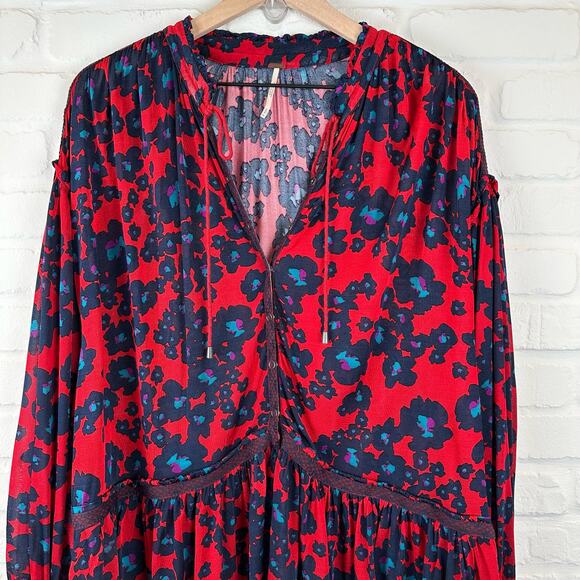 Free People Merlot Combo Love Letter Red & Blue Floral Size Small - Picture 4 of 16